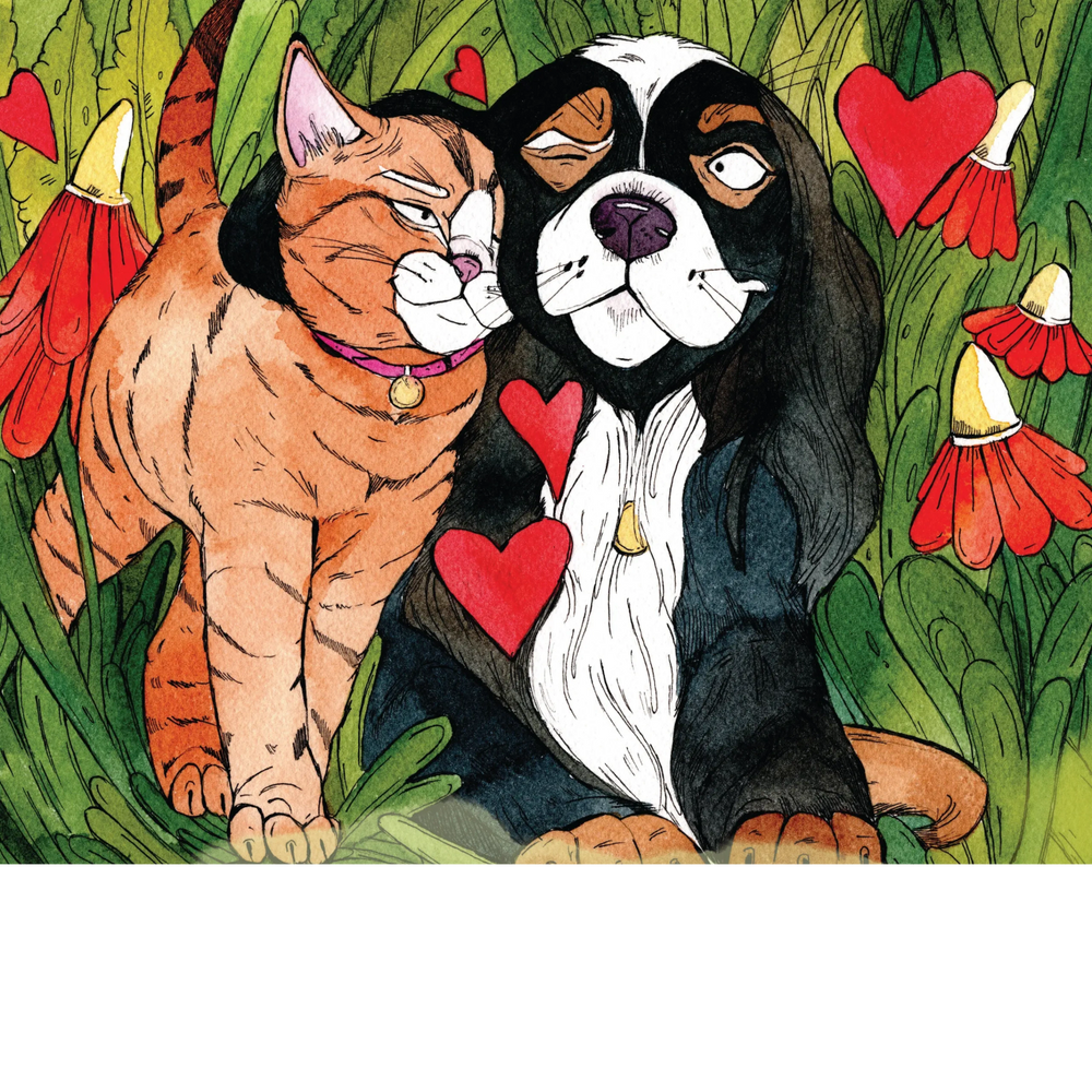 Cat and Dog cute watercolor illustration by Kinga Martin