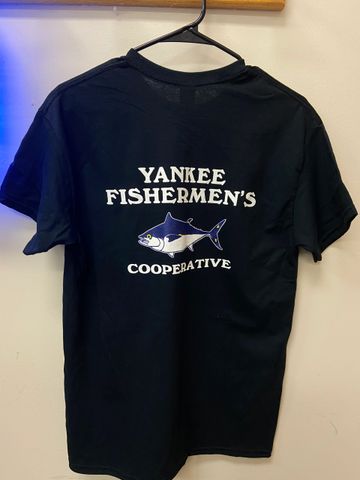 Black t-shirt with 'Yankee Fishermen's Cooperative' and a fish graphic.