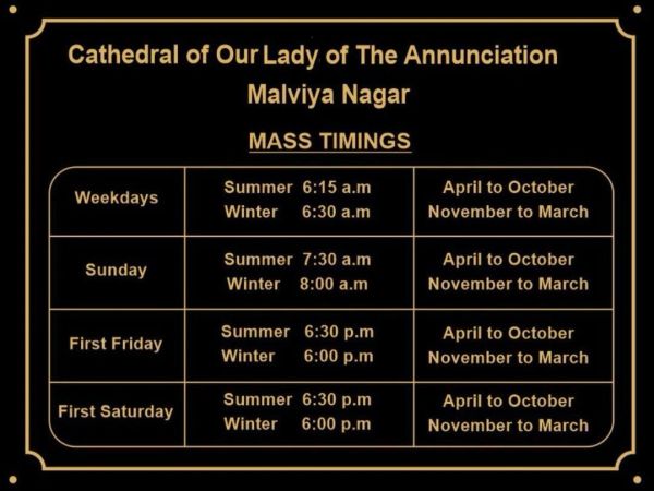 Mass timings for Cathedral of Our Lady of The Annunciation, Malviya Nagar.