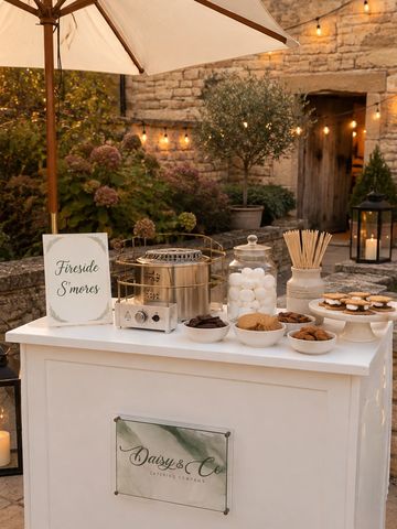 Cozy outdoor fireside s'mores setup with ingredients and a roaster.