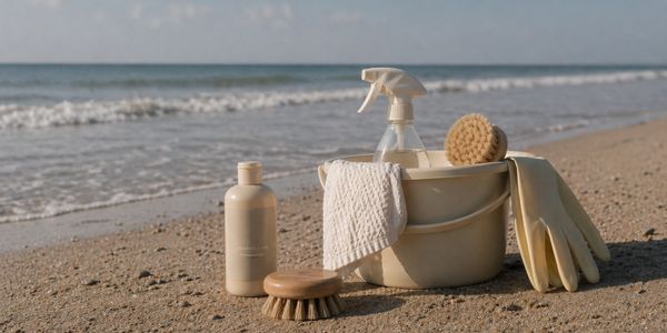 Cleaning supplies arranged on a sandy beach by the ocean.