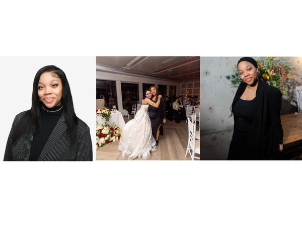 A woman in various settings: professional, wedding celebration, and casual.