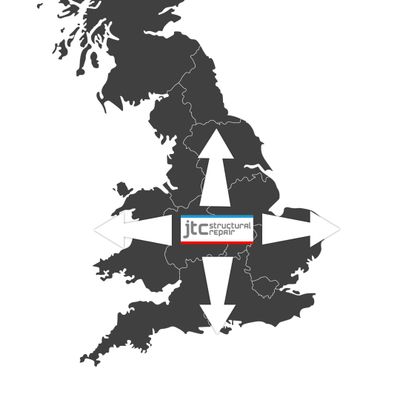 A diagram of the UK showing JTC Structural repair covering north, east, south and west regions. 
