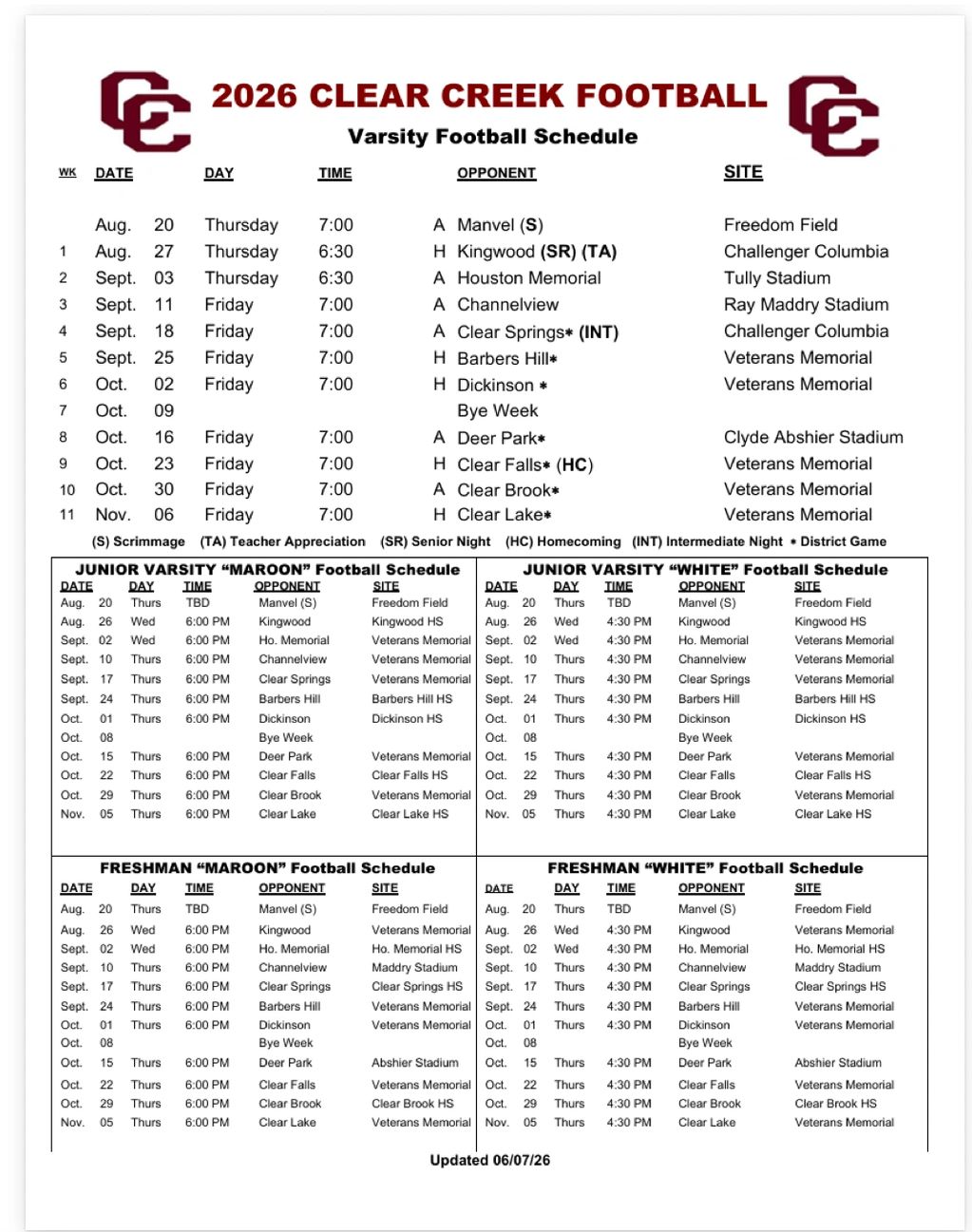 2026 Clear Creek Football varsity and junior varsity schedules.