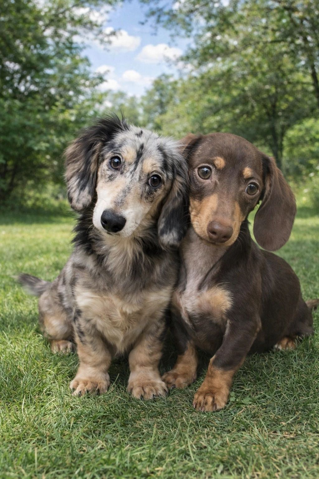 Two adorable dachshund puppies sitting closely on grass.
