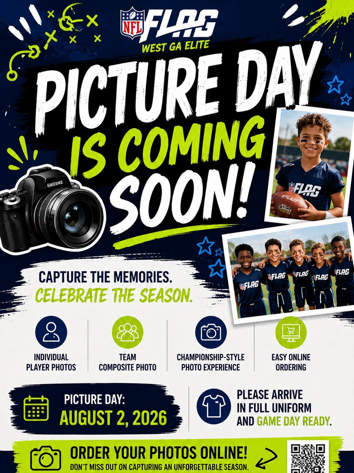 NFL Flag West GA Elite Picture Day announcement for August 2, 2026.