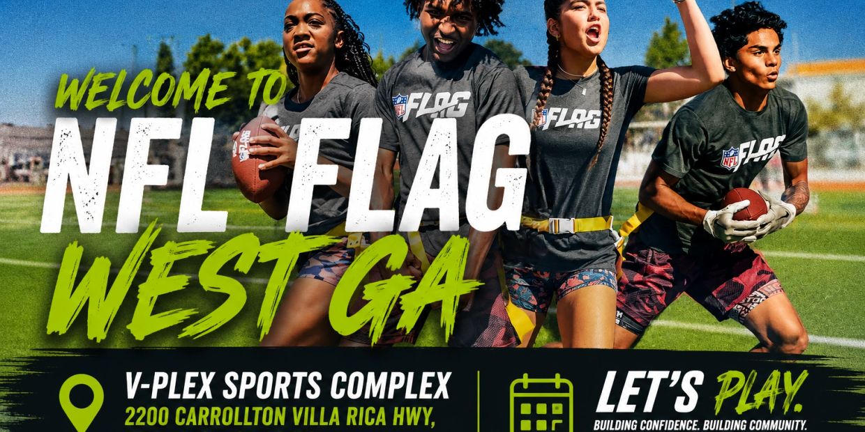 Four young adults playing NFL Flag football at V-Plex Sports Complex.