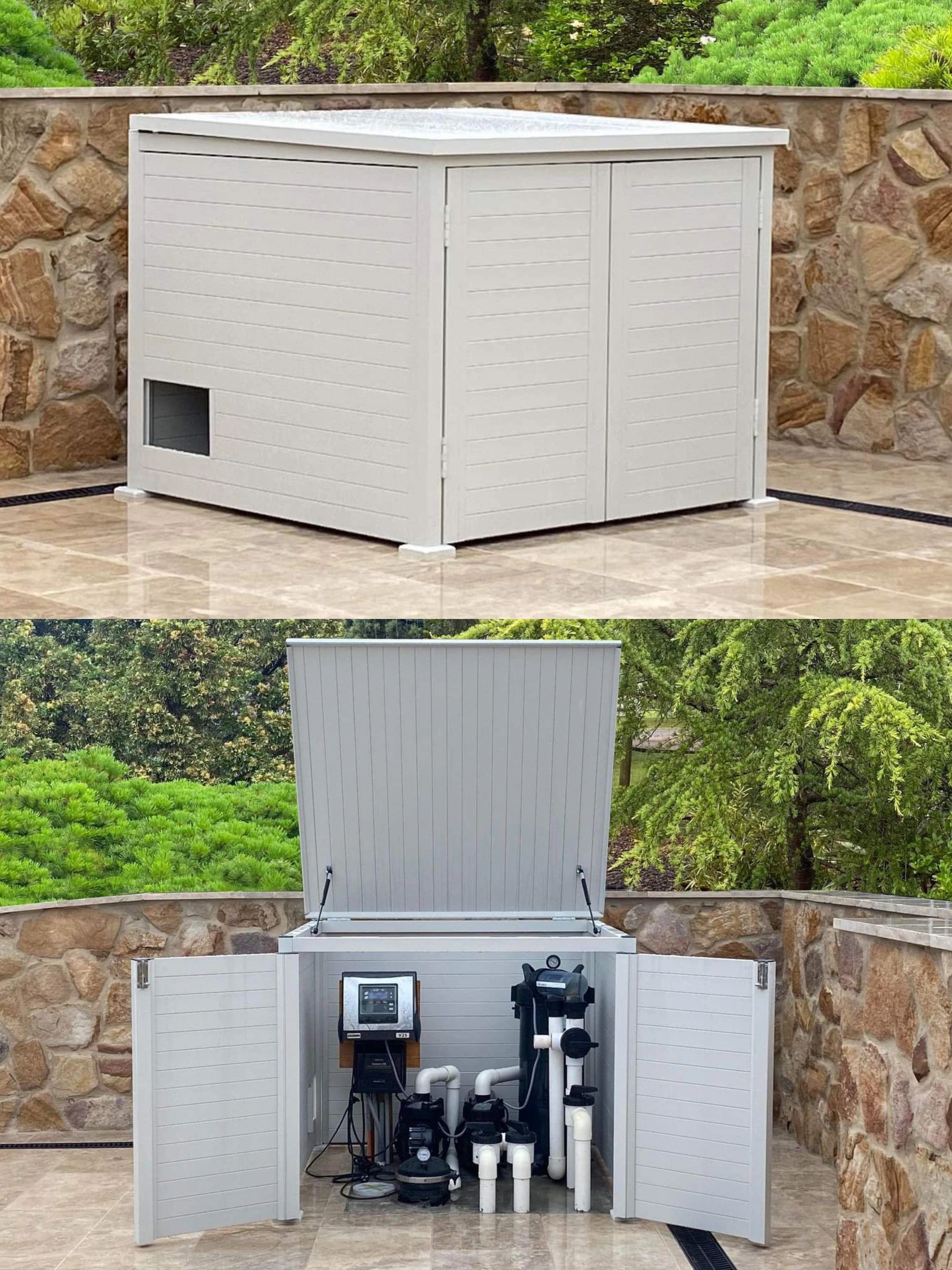 Custom pool equipment enclosure designed to hide pool filters and outdoor equipment makes it modern.