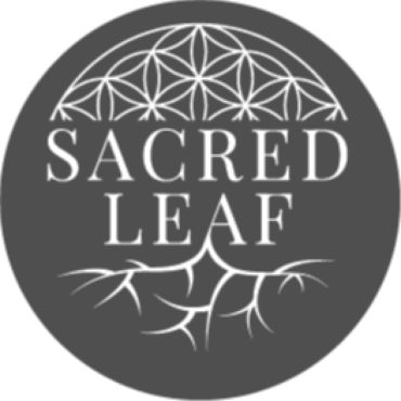Sacred Leaf logo with a geometric leaf design and roots.