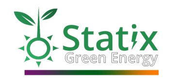 Statix logo featuring a plant and sun symbol with a colorful bar underneath.