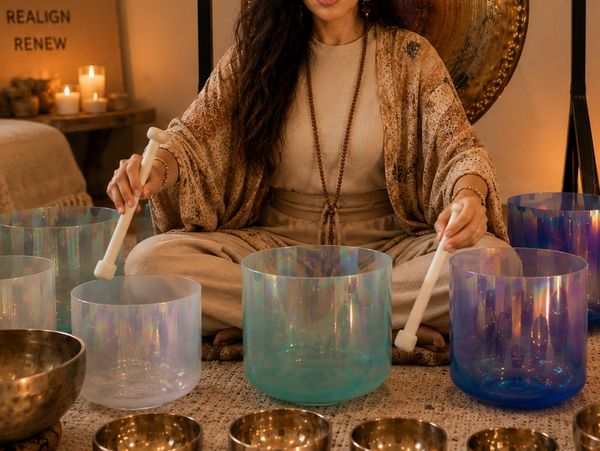 Persona tocando cuencos tibetanos para meditación.