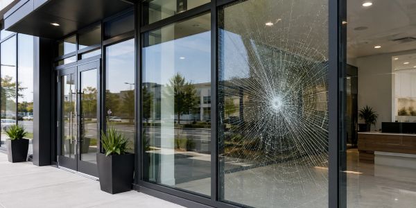 Broken glass window with a large spiderweb crack in front of an office building.