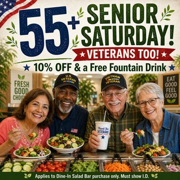 Happy seniors enjoying a salad bar with a senior discount and free drink offer.