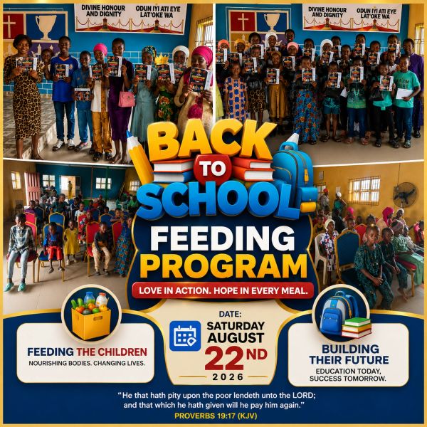 Back to school feeding program with children holding books and seated for meals.