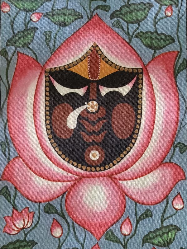 A stylized face framed by a large pink lotus flower with green leaves and buds on a blue background.