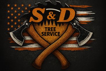 Logo for S&D Tree Service with crossed axes and American flag background.