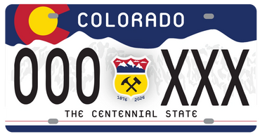 Colorado license plate with mountains, state emblem, and Centennial State text.