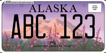 Alaska license plate featuring a scenic mountain and wildflowers at sunset.