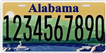 Alabama license plate featuring a nature scene with birds and water.