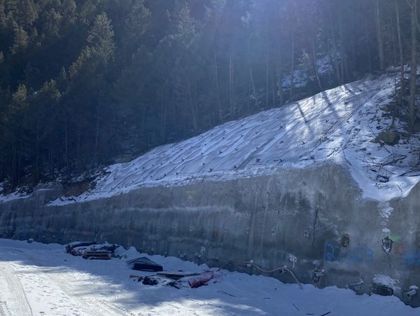 Snow-covered mountain slope with tire tracks and sunlight filtering through trees.