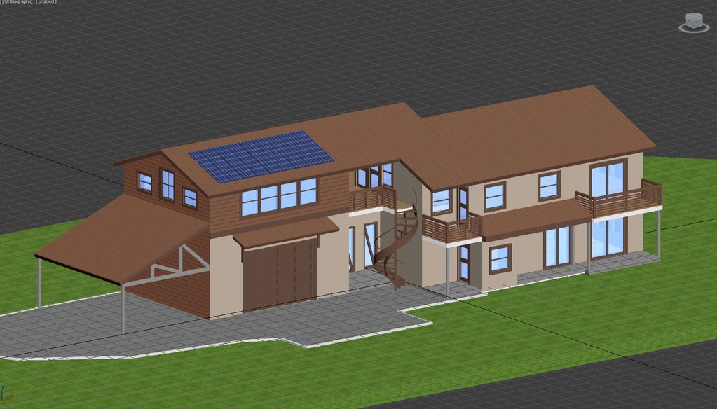 3D rendering of a two-story house with solar panels and spiral staircase.