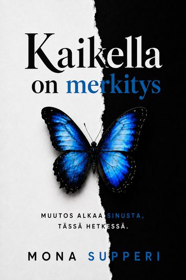Blue butterfly against black and white background.