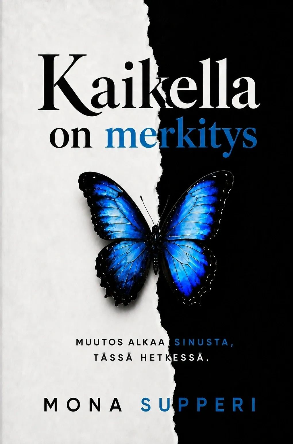 Book cover with a blue butterfly and Finnish text.