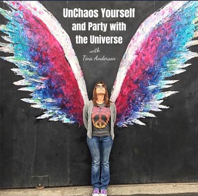 UnChaos Yourself and Party with the Universe logo for the podcast. Standing in front of angel wings.