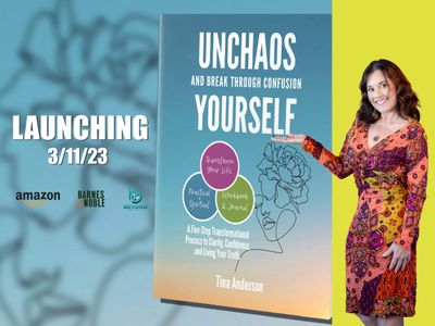 Pre-release promo for UnChaos Yourself. Front cover of the book, and Tina in the photo.
