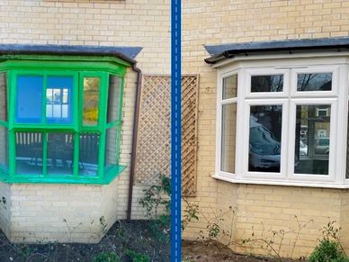 Before and after image of a house window replacement.
