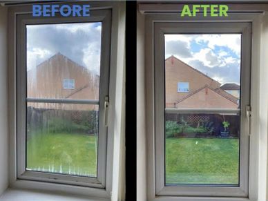 Comparison of a window before and after cleaning, showing clear improvement.