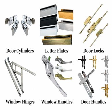 Various door and window hardware including locks, handles, and hinges.