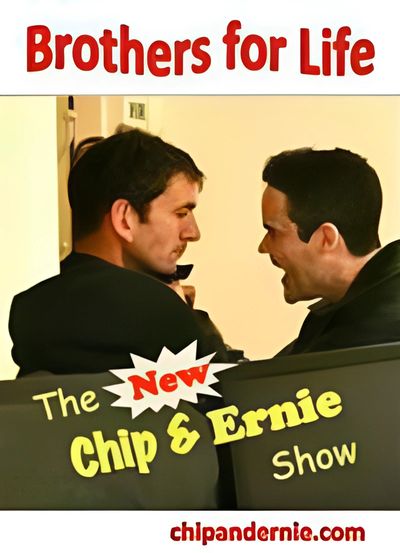 Two individuals are sitting back-to-back, promoting "The New Chip & Ernie Show."