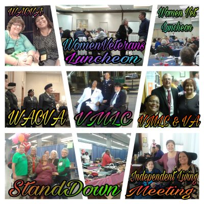 Collage of women veterans and community events including luncheons, meetings, and social gatherings.