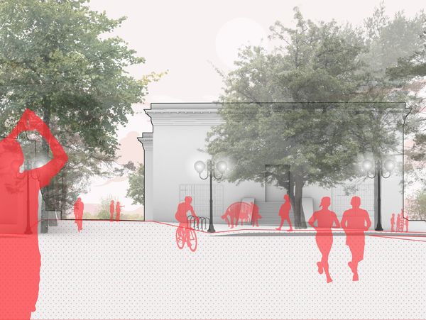 Ilustración de personas en un parque urbano con árboles y un edificio.