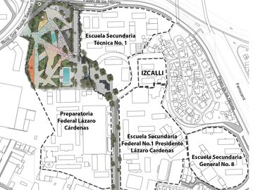 Mapa de una zona escolar con varias escuelas y una preparatoria.