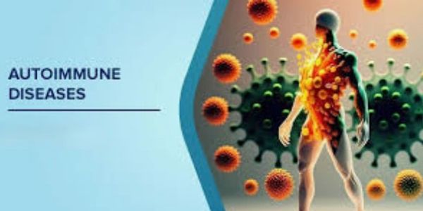 Illustration of autoimmune diseases with human figure and virus particles.