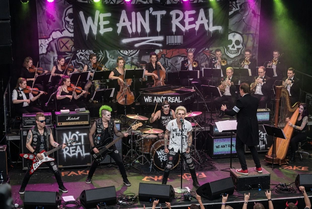 Punk rock band performing with a classical orchestra under the banner 'WE AIN'T REAL'.