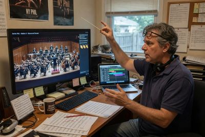 Man conducting an orchestra on a computer screen in a home office.