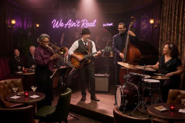 Jazz band performing live in an intimate lounge with neon sign.