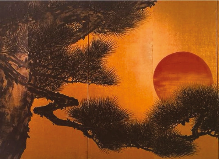 Suzuki Shōnen, Biombo izquierdo del par; tinta, color y oro sobrepapel y pan de oro.(Pino, bambú y ciruelo), c. 1910; Colección Terry Welch. Cortesía Museo Kaluz.