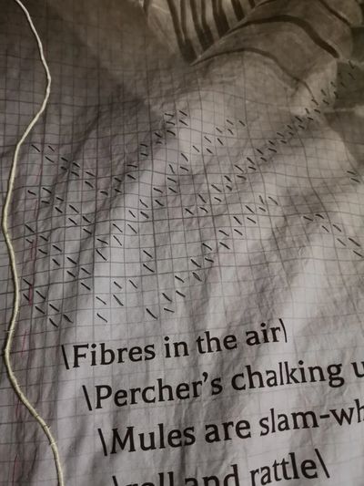 A section of a poem printed on fabric. Above it is a grid pattern partly filled with diagonal marks 