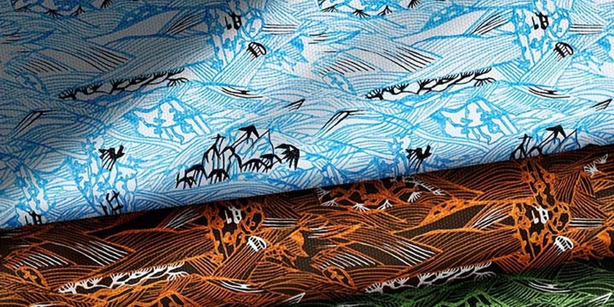 Flowing waves, skillfully hand-drawn with delicate black brushstrokes, accented in vibrant hues of V