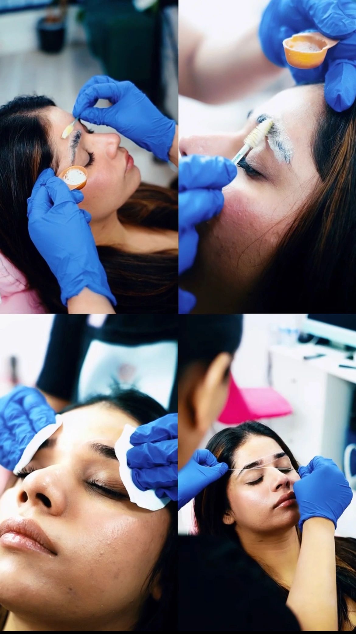 A woman receiving professional eyebrow care including cleansing and threading.