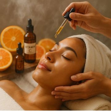 Woman receiving vitamin C facial serum treatment with relaxed expression.