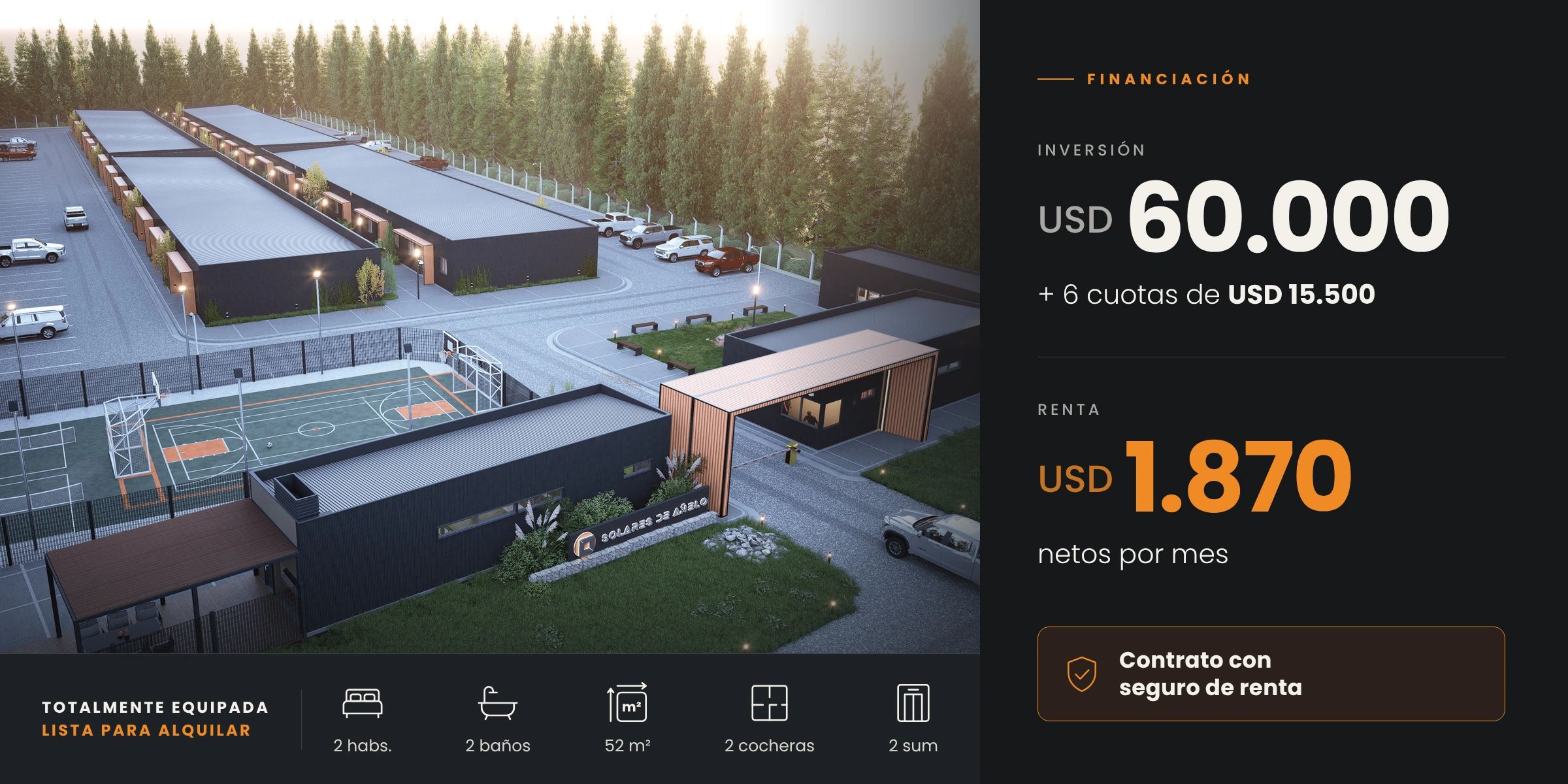 Complejo residencial moderno con cancha de básquet y estacionamiento.