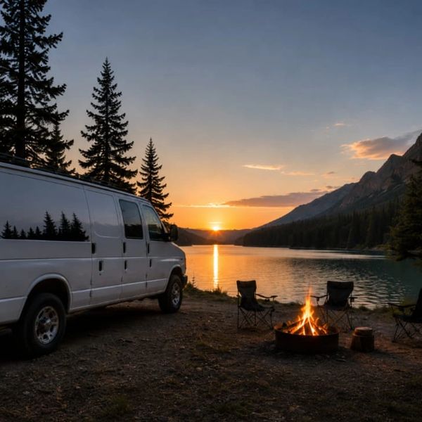 A van parked by a lakeside campfire at sunset in the mountains.