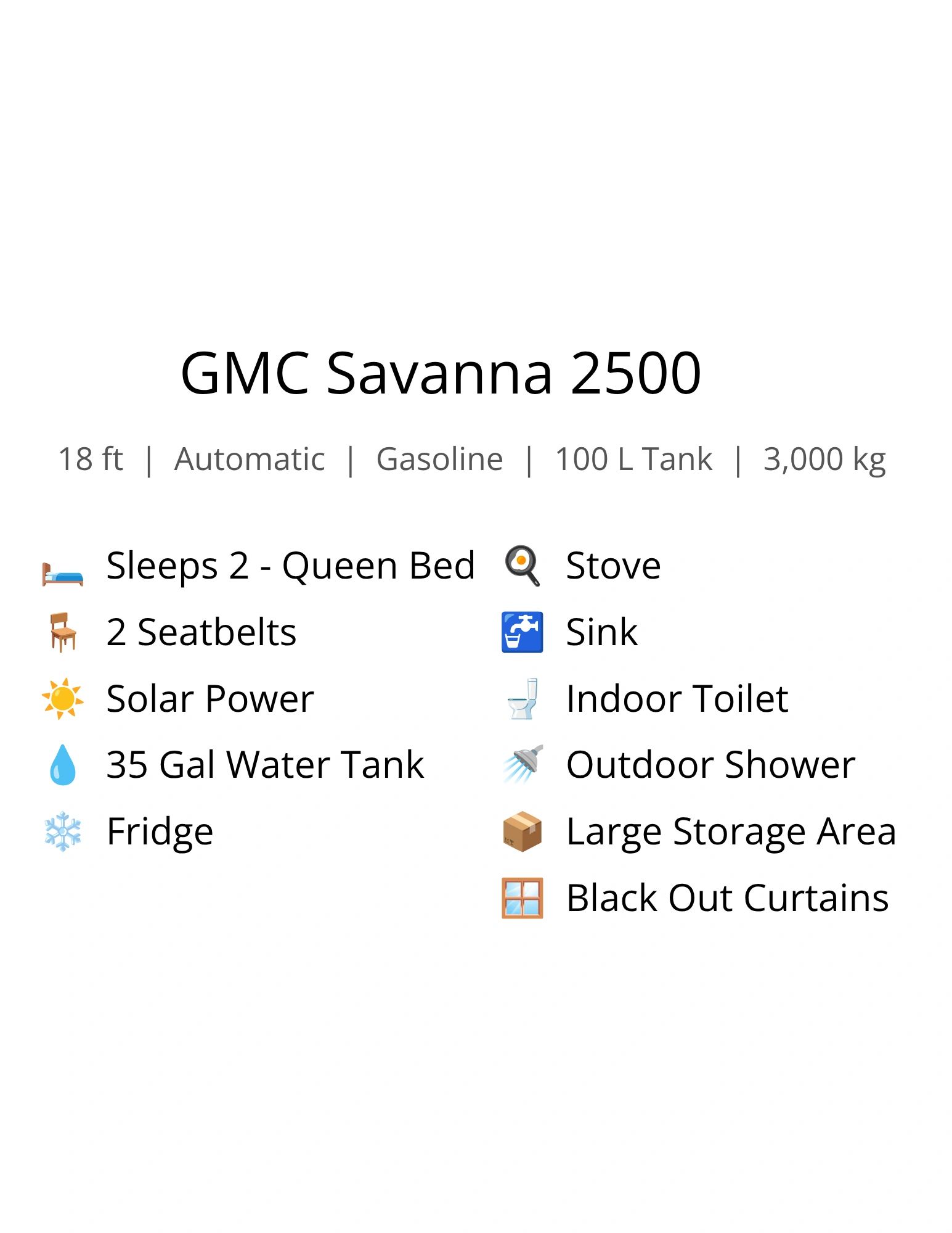 GMC Savanna 2500 RV with queen bed, solar power, indoor toilet, and outdoor shower.