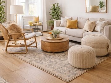 Cozy living room with neutral tones and natural textures.