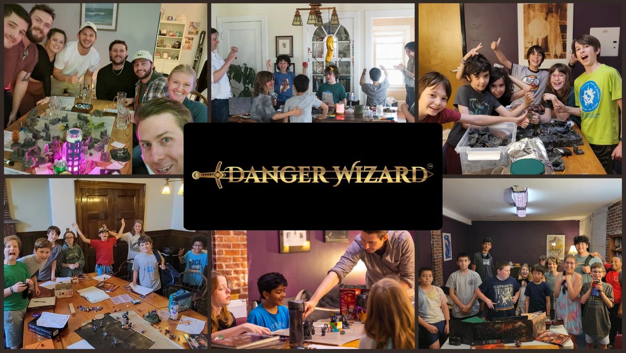 banner image for danger wizard, showing happy kids and adults playing D&D at parties, camps, clubs